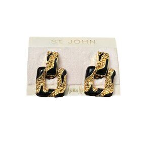 VTG ST JOHN Black Gold Enamel Rhinestone Door Knocker Dangle Clip Earrings NEW